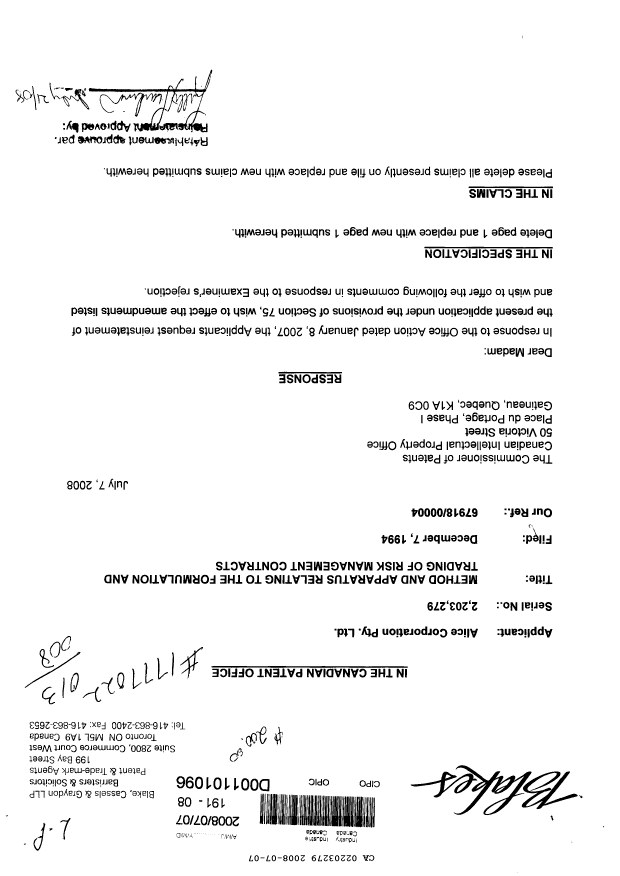 Canadian Patent Document 2203279. Prosecution-Amendment 20071207. Image 1 of 16