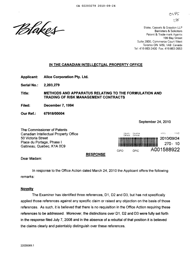 Canadian Patent Document 2203279. Prosecution-Amendment 20091224. Image 1 of 25