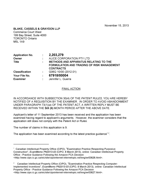 Document de brevet canadien 2203279. Poursuite-Amendment 20121215. Image 1 de 5