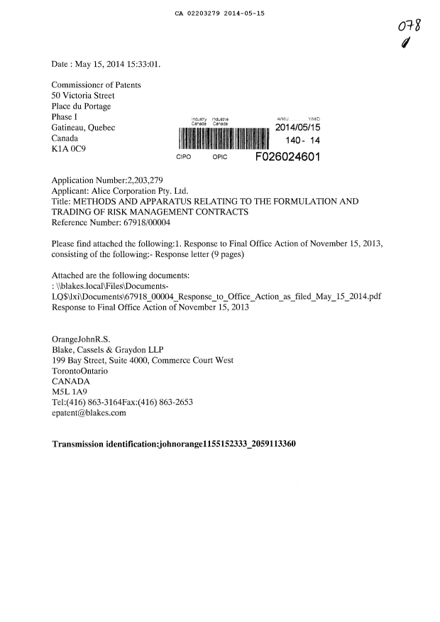 Canadian Patent Document 2203279. Prosecution-Amendment 20131215. Image 1 of 10