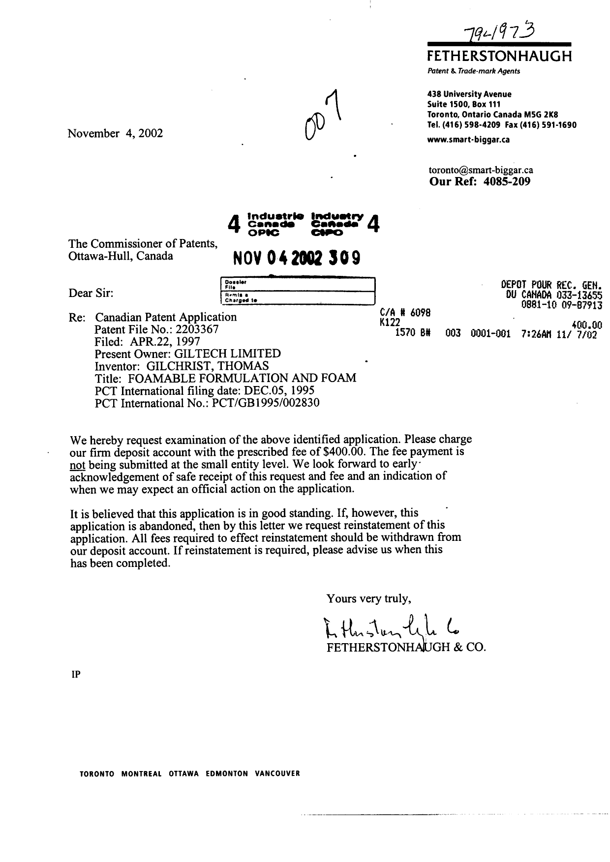 Canadian Patent Document 2203367. Prosecution-Amendment 20021104. Image 1 of 1