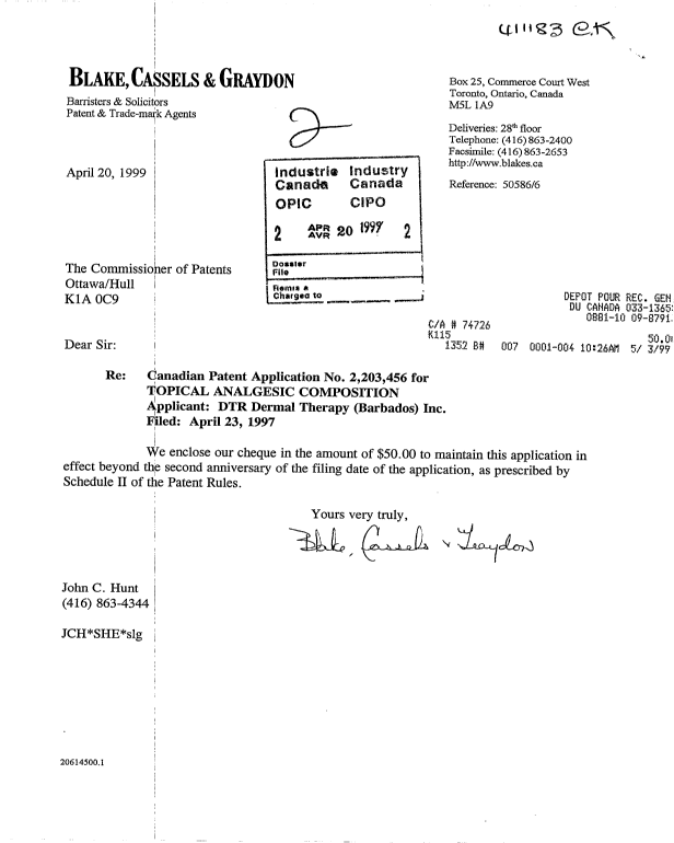 Canadian Patent Document 2203456. Fees 19990420. Image 1 of 1