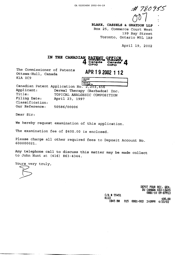 Canadian Patent Document 2203456. Prosecution-Amendment 20020419. Image 1 of 1