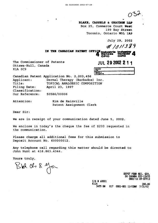 Canadian Patent Document 2203456. Correspondence 20020729. Image 1 of 1