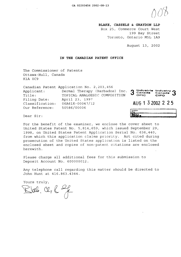 Canadian Patent Document 2203456. Prosecution-Amendment 20020813. Image 1 of 1