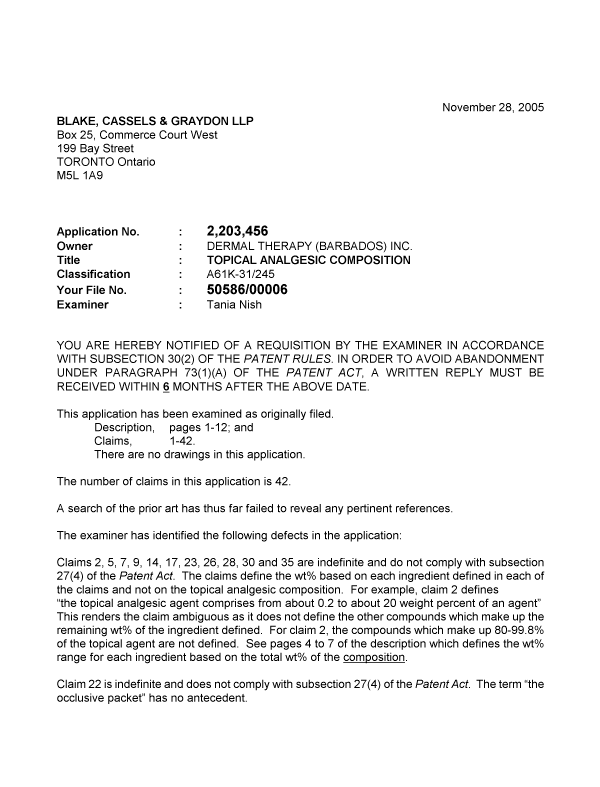 Canadian Patent Document 2203456. Prosecution-Amendment 20051128. Image 1 of 2