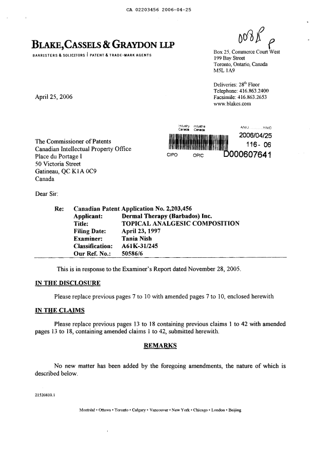 Canadian Patent Document 2203456. Prosecution-Amendment 20060425. Image 1 of 13