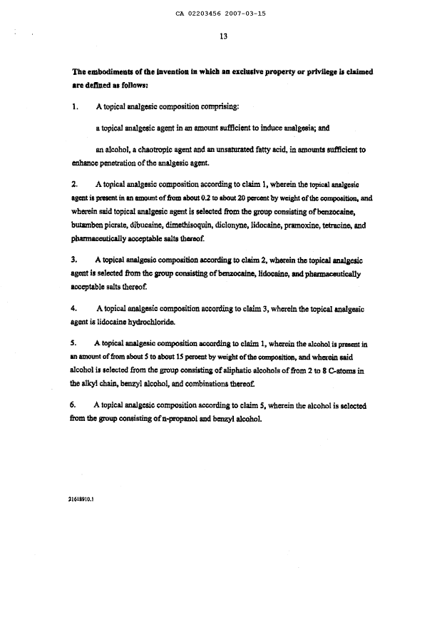 Canadian Patent Document 2203456. Claims 20070315. Image 1 of 6