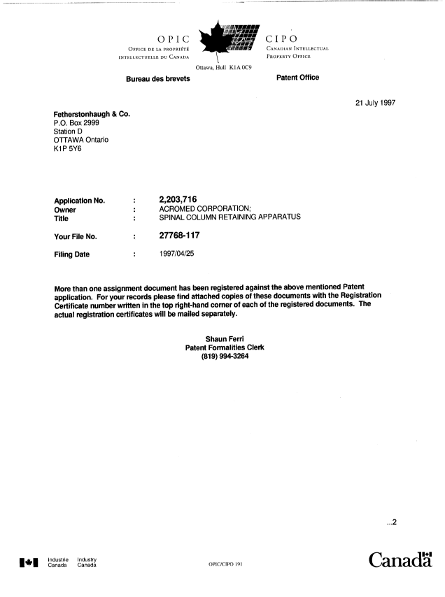 Document de brevet canadien 2203716. Correspondance 19970721. Image 1 de 1