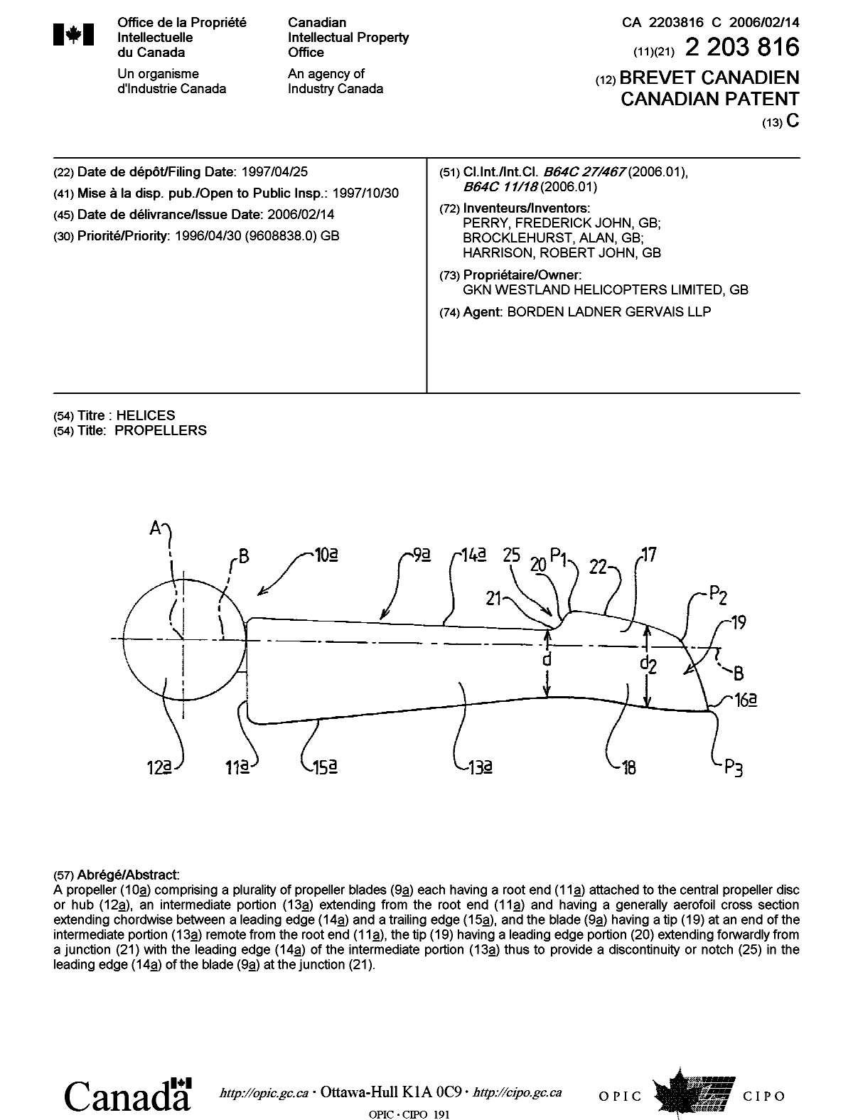 Canadian Patent Document 2203816. Cover Page 20060110. Image 1 of 1
