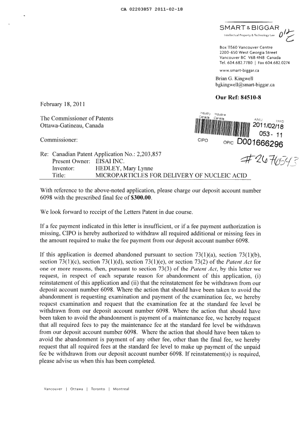 Canadian Patent Document 2203857. Correspondence 20110218. Image 1 of 2