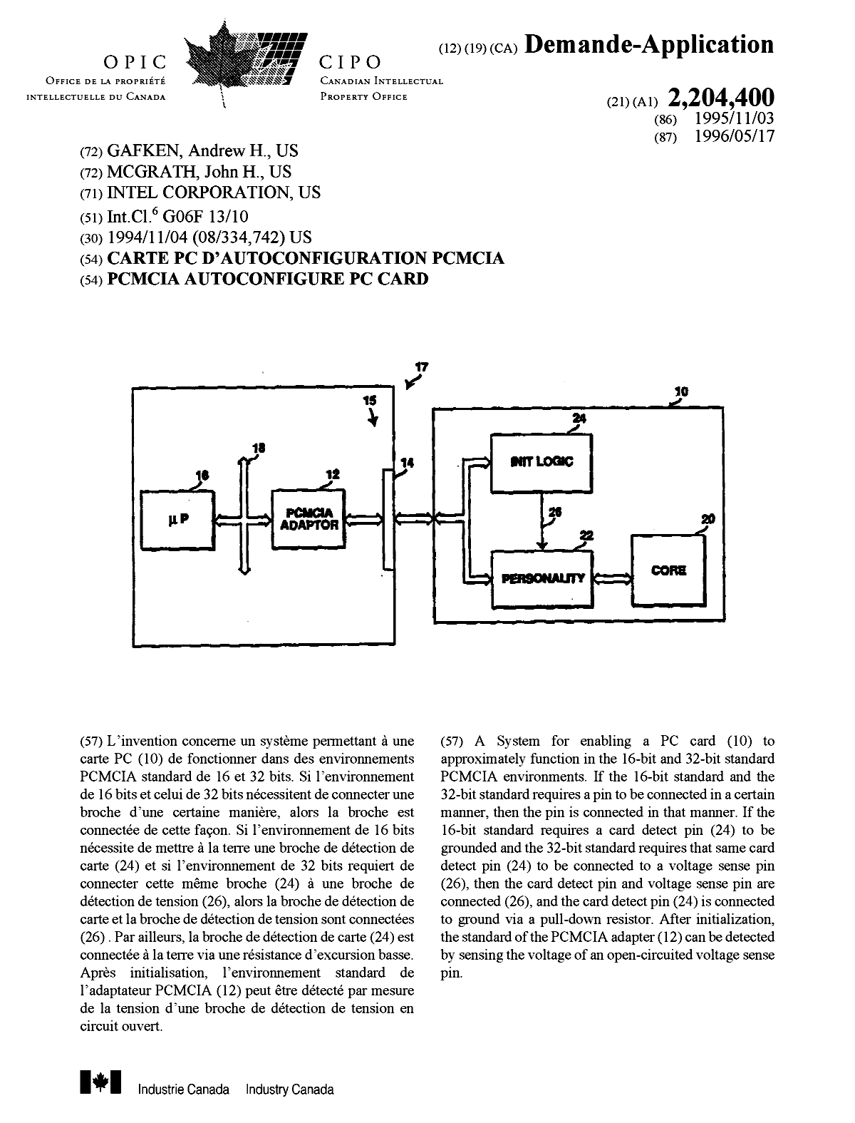 Canadian Patent Document 2204400. Cover Page 19970911. Image 1 of 1