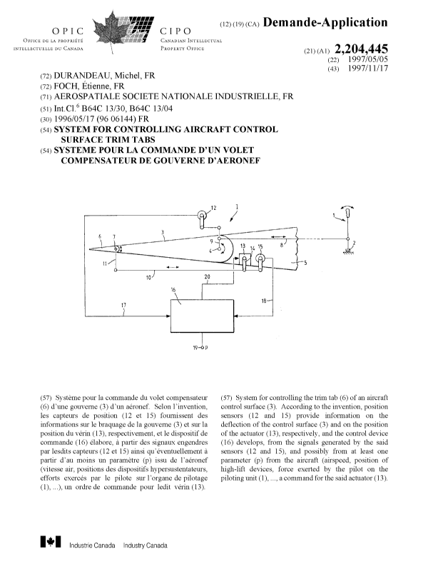 Canadian Patent Document 2204445. Cover Page 19980105. Image 1 of 1