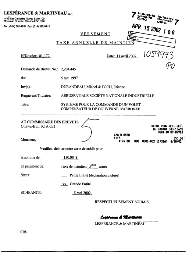 Document de brevet canadien 2204445. Taxes 20020415. Image 1 de 1
