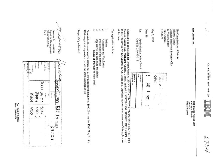 Canadian Patent Document 2205096. Assignment 19970509. Image 1 of 4
