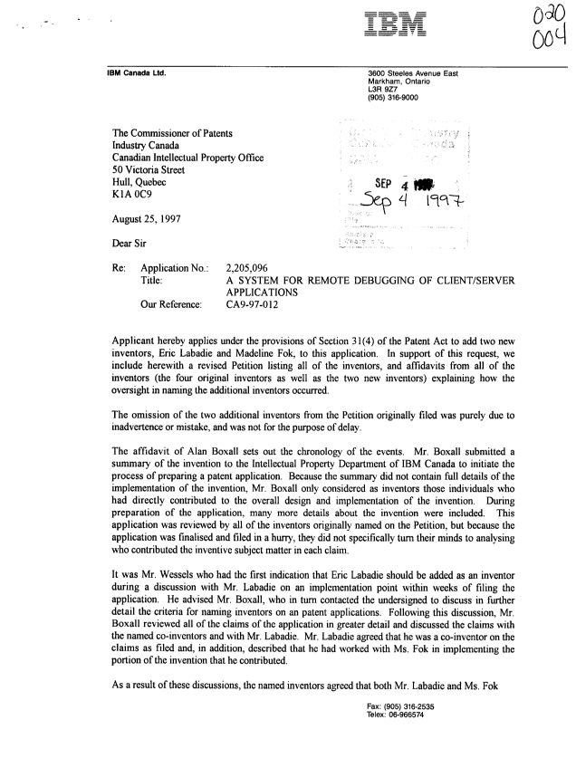 Canadian Patent Document 2205096. Correspondence 19970904. Image 1 of 3