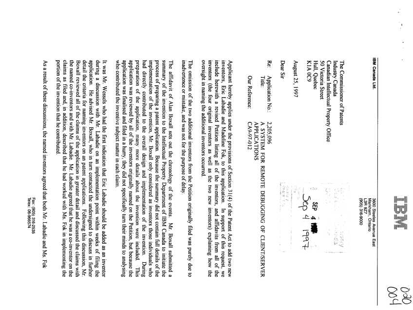 Canadian Patent Document 2205096. Correspondence 19970904. Image 1 of 3