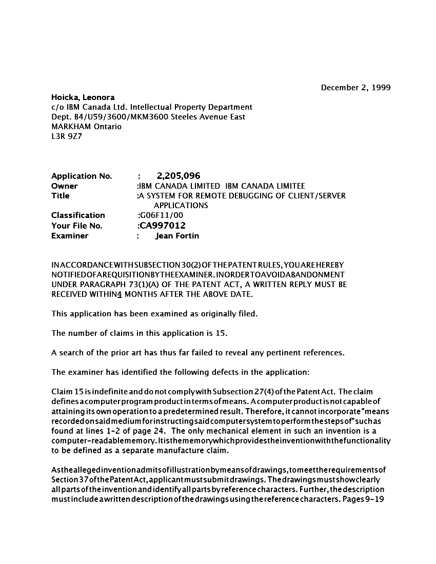Canadian Patent Document 2205096. Prosecution-Amendment 19991202. Image 1 of 2