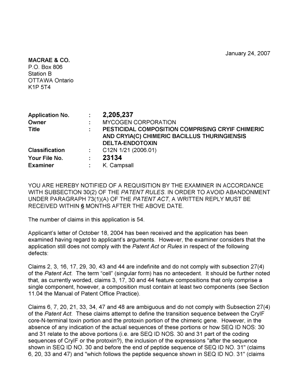 Canadian Patent Document 2205237. Prosecution-Amendment 20070124. Image 1 of 2