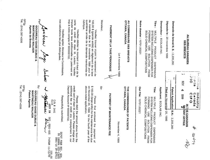 Canadian Patent Document 2205260. Fees 19991104. Image 1 of 1