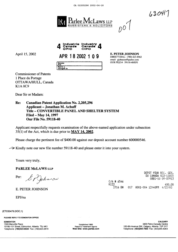 Canadian Patent Document 2205296. Prosecution-Amendment 20011218. Image 1 of 1