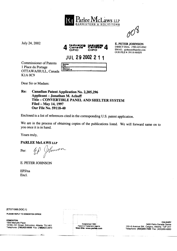 Canadian Patent Document 2205296. Prosecution-Amendment 20011229. Image 1 of 1