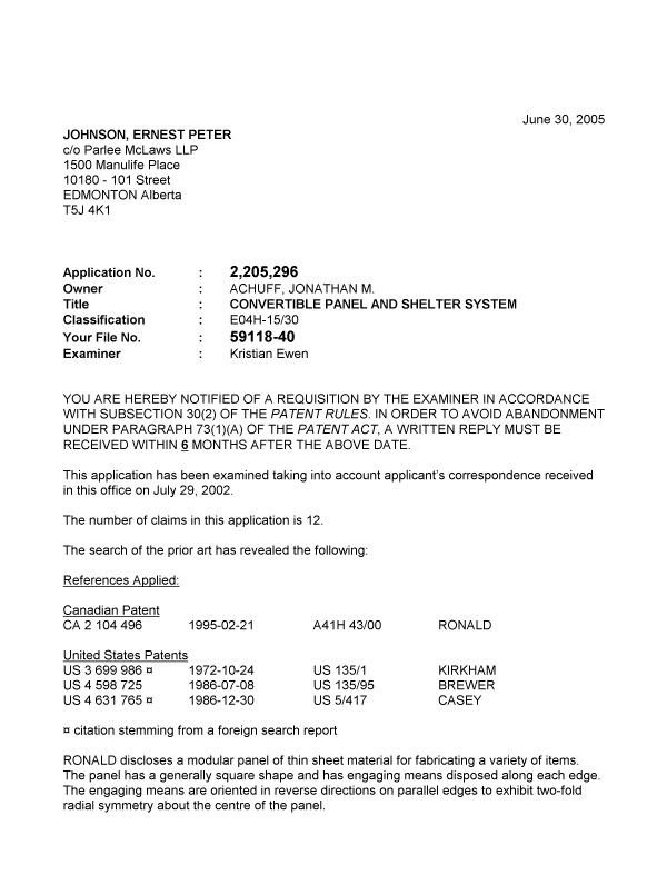Canadian Patent Document 2205296. Prosecution-Amendment 20041230. Image 1 of 3