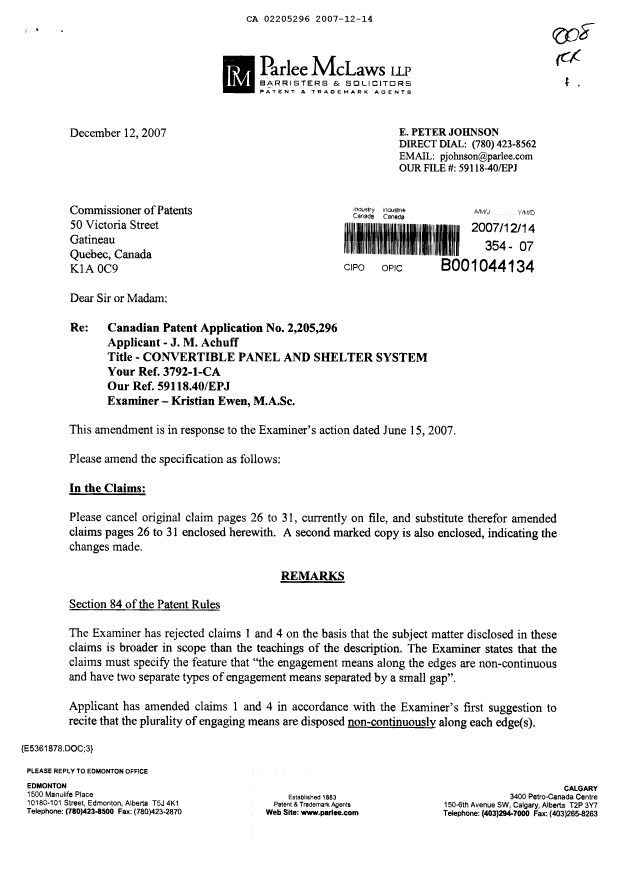 Canadian Patent Document 2205296. Prosecution-Amendment 20061214. Image 1 of 15