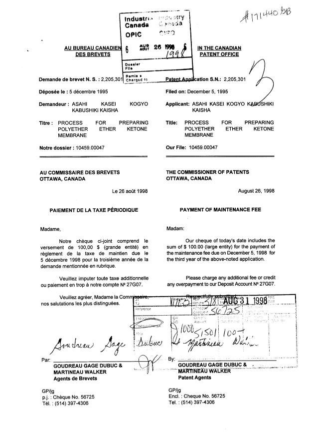 Document de brevet canadien 2205301. Taxes 19980826. Image 1 de 1