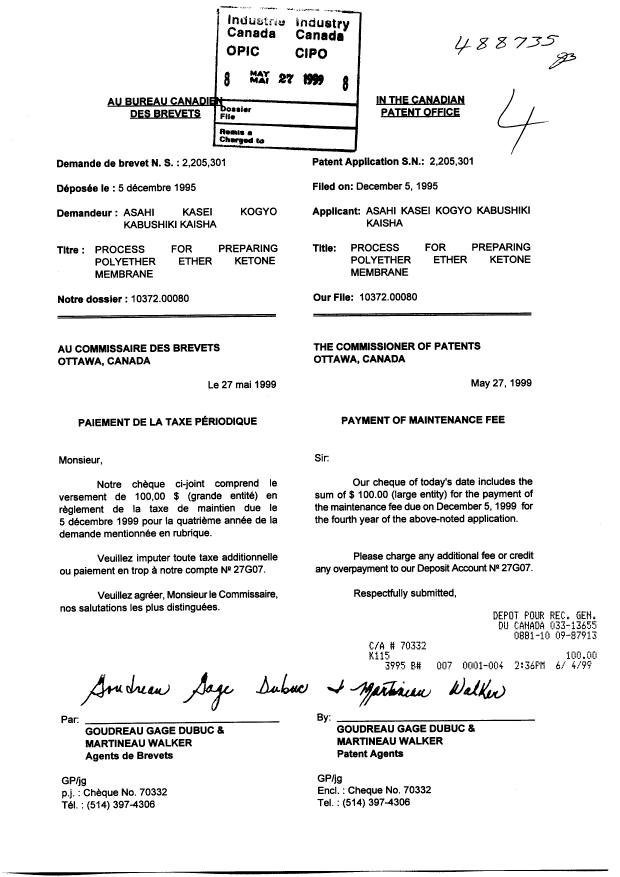 Document de brevet canadien 2205301. Taxes 19990527. Image 1 de 1