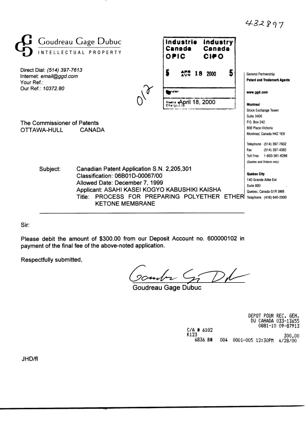 Document de brevet canadien 2205301. Correspondance 20000418. Image 1 de 1
