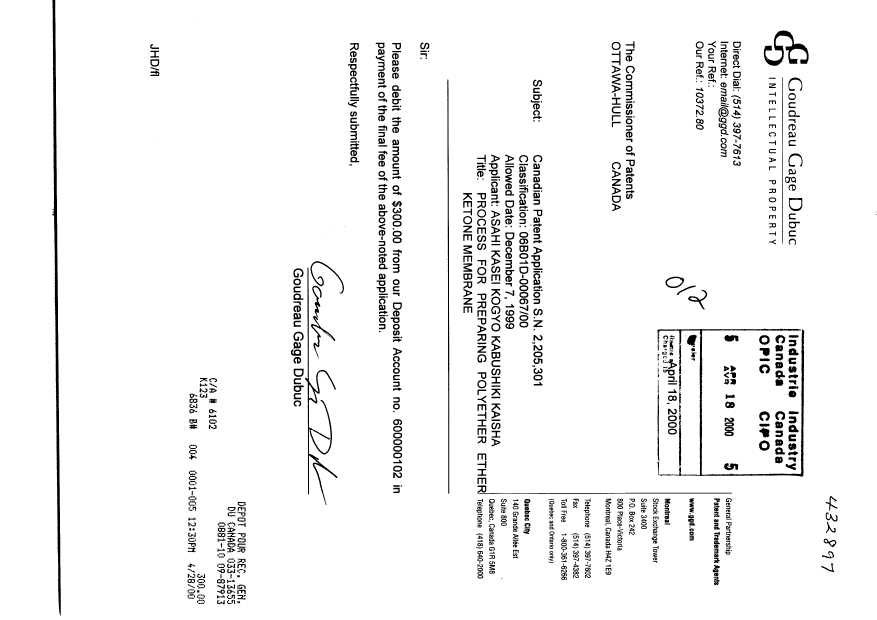 Canadian Patent Document 2205301. Correspondence 20000418. Image 1 of 1