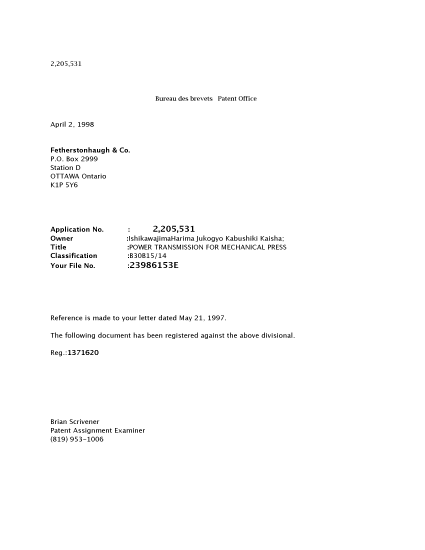 Document de brevet canadien 2205531. Cession 19980402. Image 1 de 1