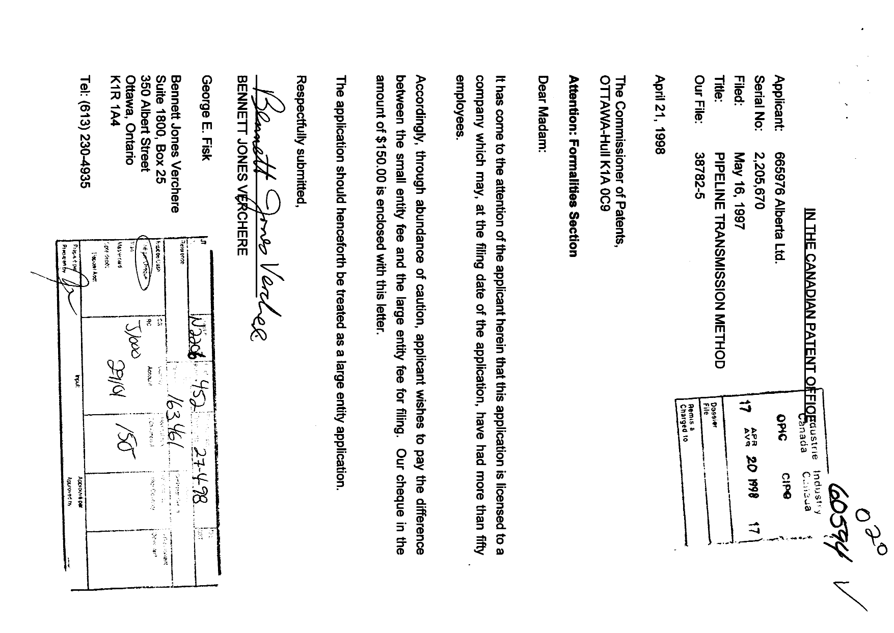 Document de brevet canadien 2205670. Correspondance 19980420. Image 1 de 2