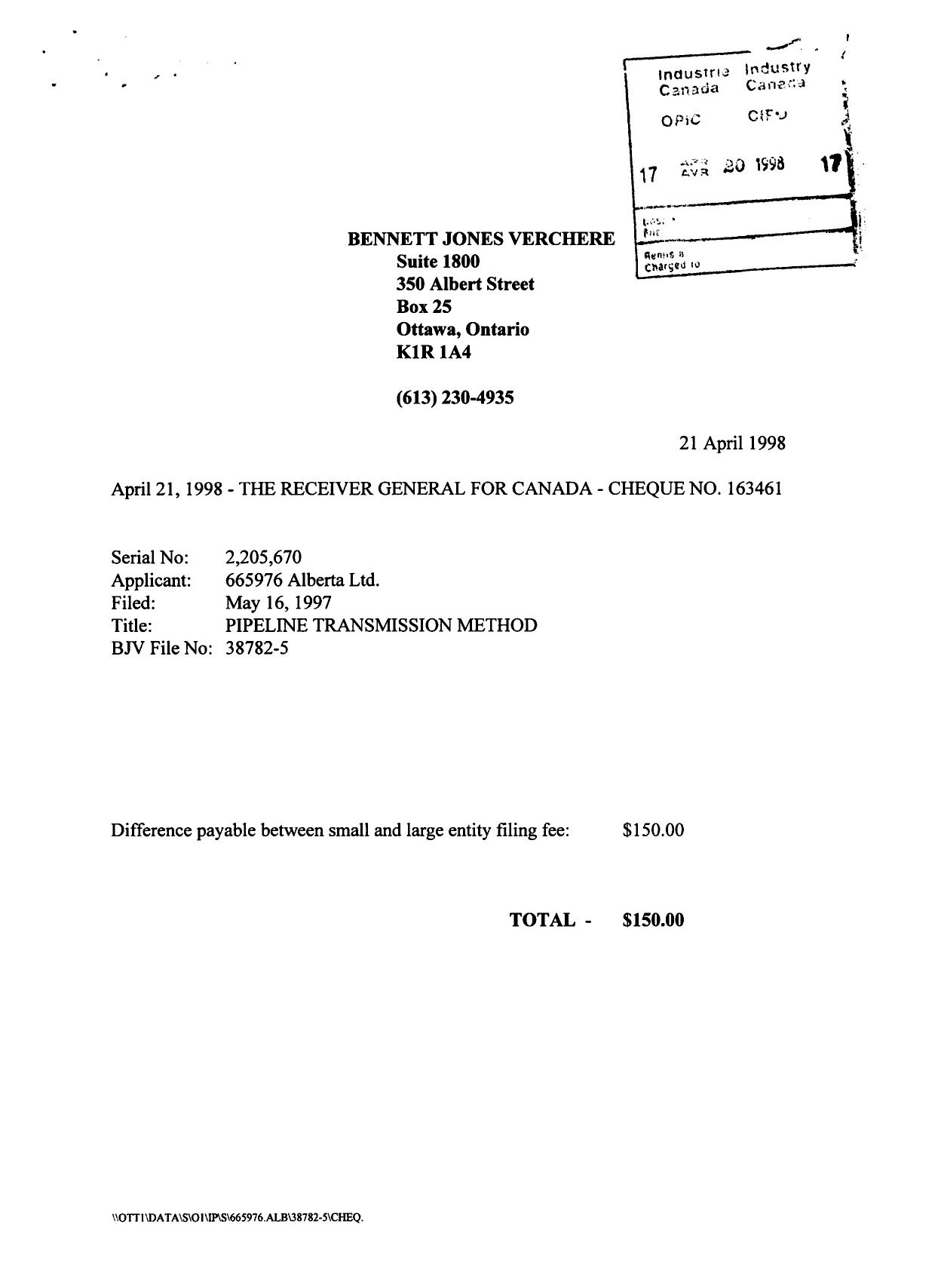 Document de brevet canadien 2205670. Correspondance 19980420. Image 2 de 2