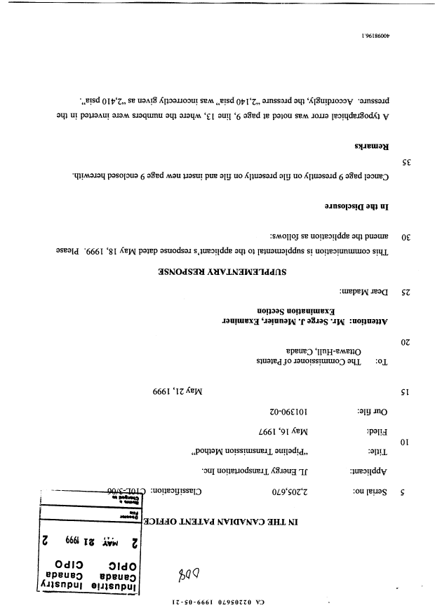 Document de brevet canadien 2205670. Poursuite-Amendment 19981221. Image 1 de 3