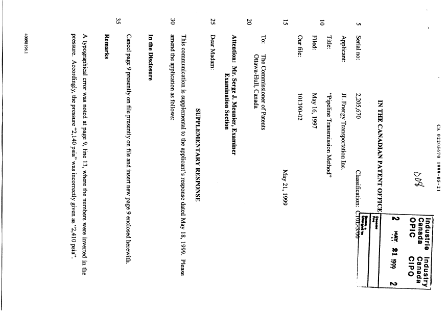 Canadian Patent Document 2205670. Prosecution-Amendment 19981221. Image 1 of 3