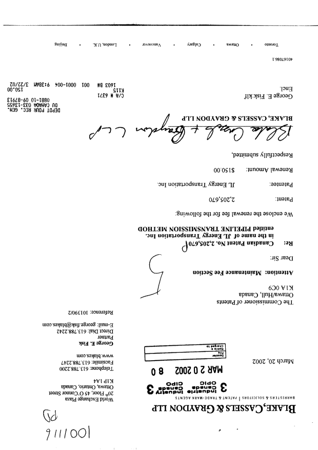 Document de brevet canadien 2205670. Taxes 20011220. Image 1 de 1
