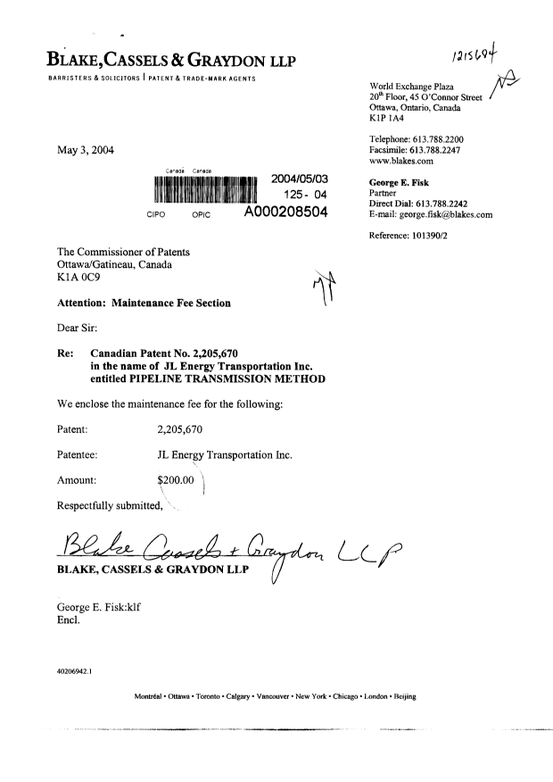 Document de brevet canadien 2205670. Taxes 20031203. Image 1 de 1