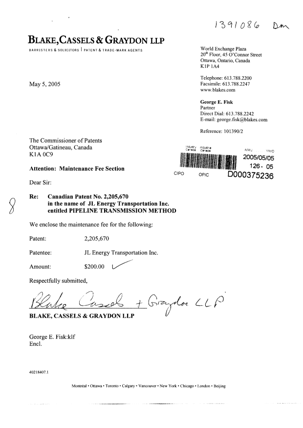 Document de brevet canadien 2205670. Taxes 20041205. Image 1 de 2