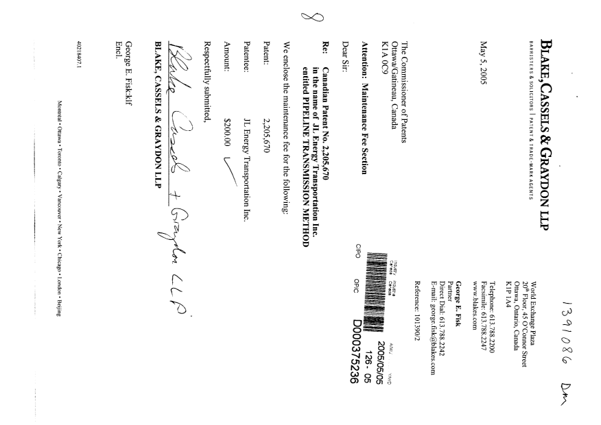 Canadian Patent Document 2205670. Fees 20041205. Image 1 of 2