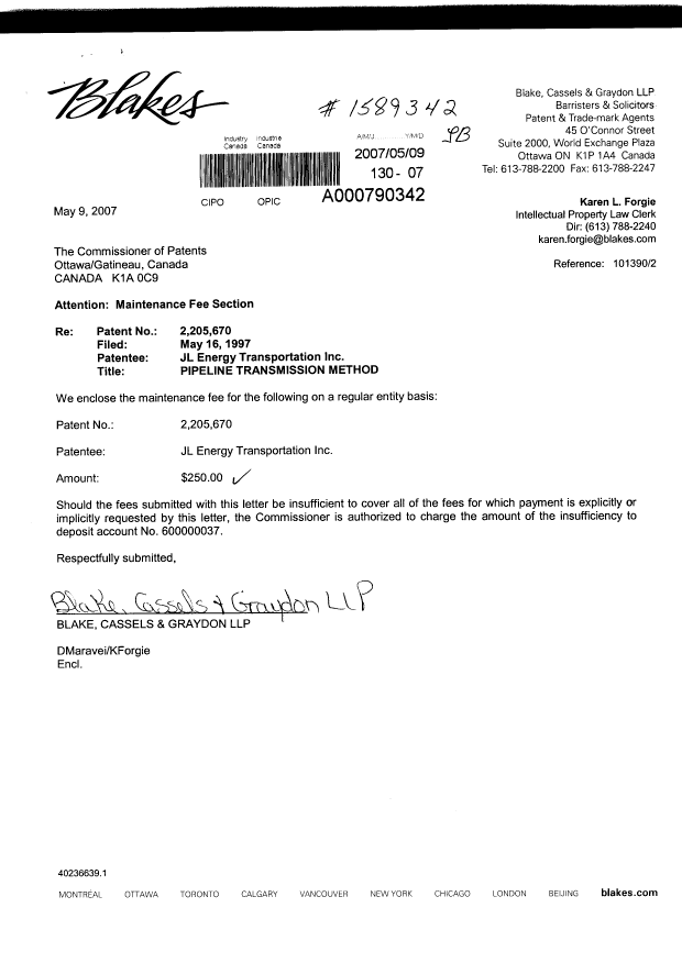 Canadian Patent Document 2205670. Fees 20070509. Image 1 of 2