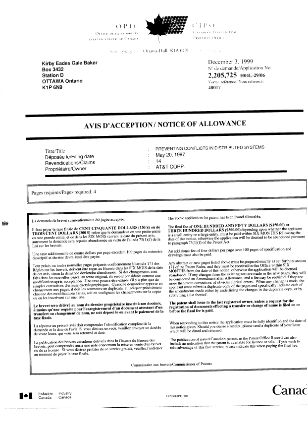 Document de brevet canadien 2205725. Correspondance 19991203. Image 1 de 1