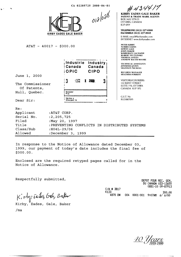 Document de brevet canadien 2205725. Correspondance 20000601. Image 1 de 2