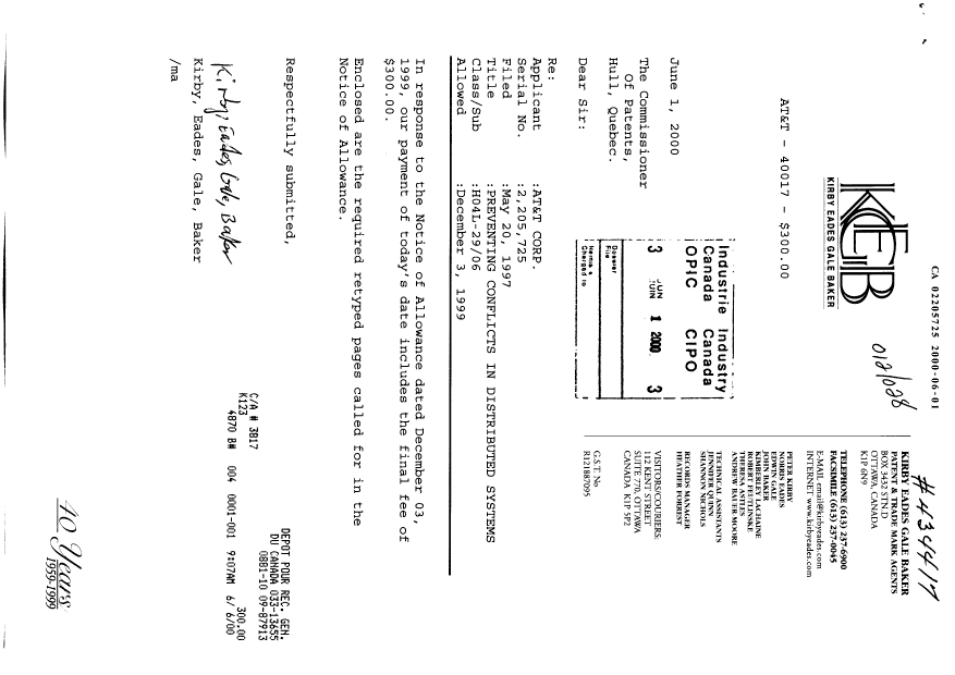 Canadian Patent Document 2205725. Correspondence 20000601. Image 1 of 2