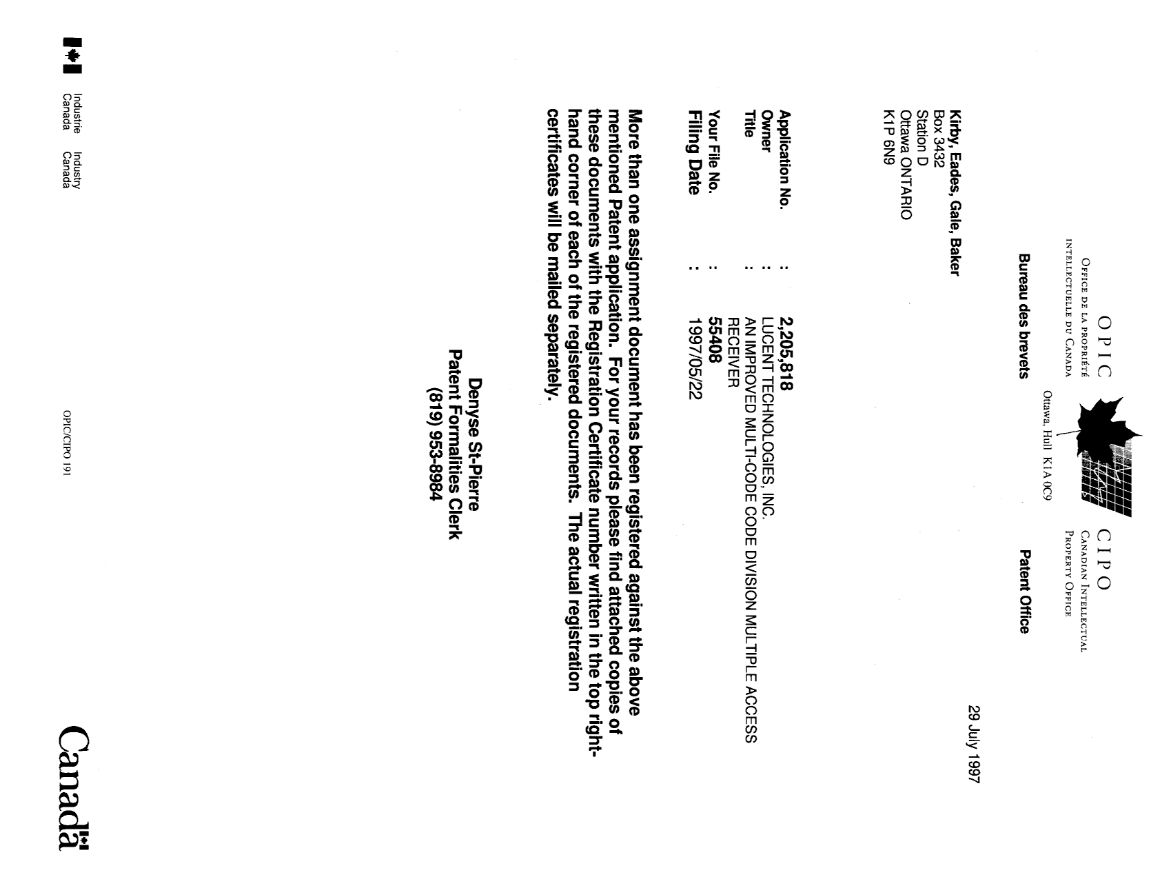 Canadian Patent Document 2205818. Correspondence 19961229. Image 1 of 1