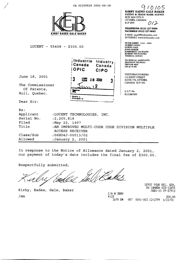 Canadian Patent Document 2205818. Correspondence 20001218. Image 1 of 1