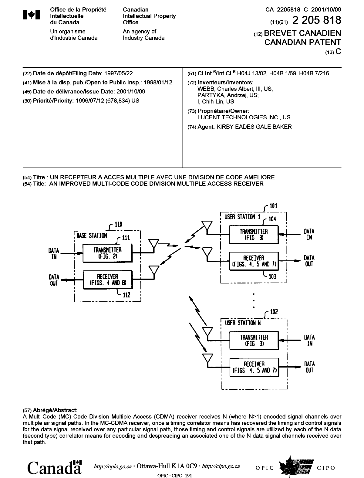 Document de brevet canadien 2205818. Page couverture 20010925. Image 1 de 1