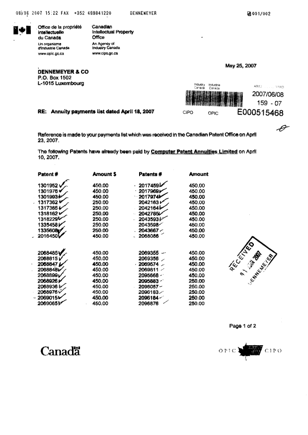 Document de brevet canadien 2205818. Correspondance 20061208. Image 1 de 2