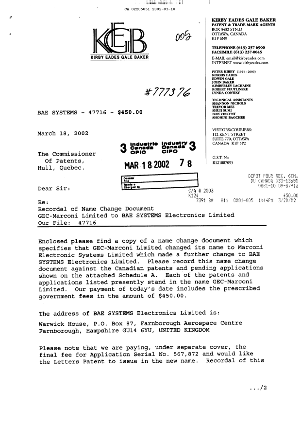 Document de brevet canadien 2205851. Cession 20020318. Image 1 de 4